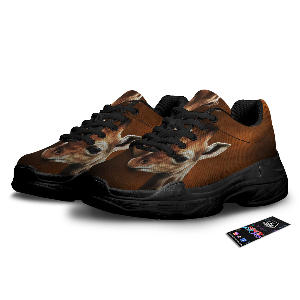 Giraffe Brown Print Black Chunky Shoes-grizzshop
