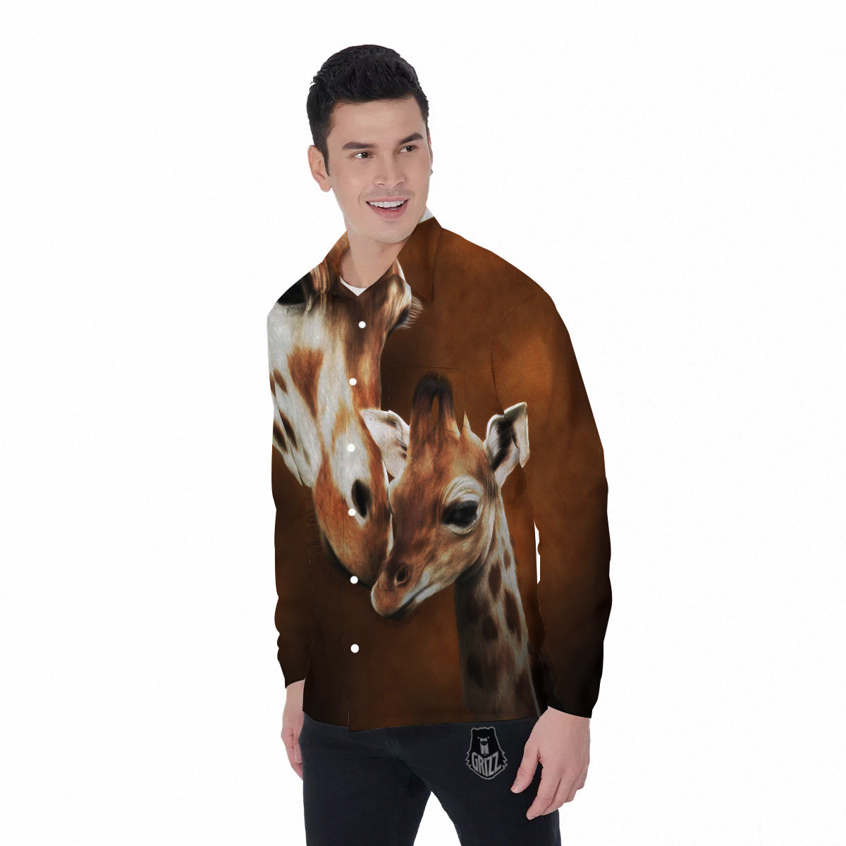 Giraffe Brown Print Men's Long Sleeve Shirts-grizzshop