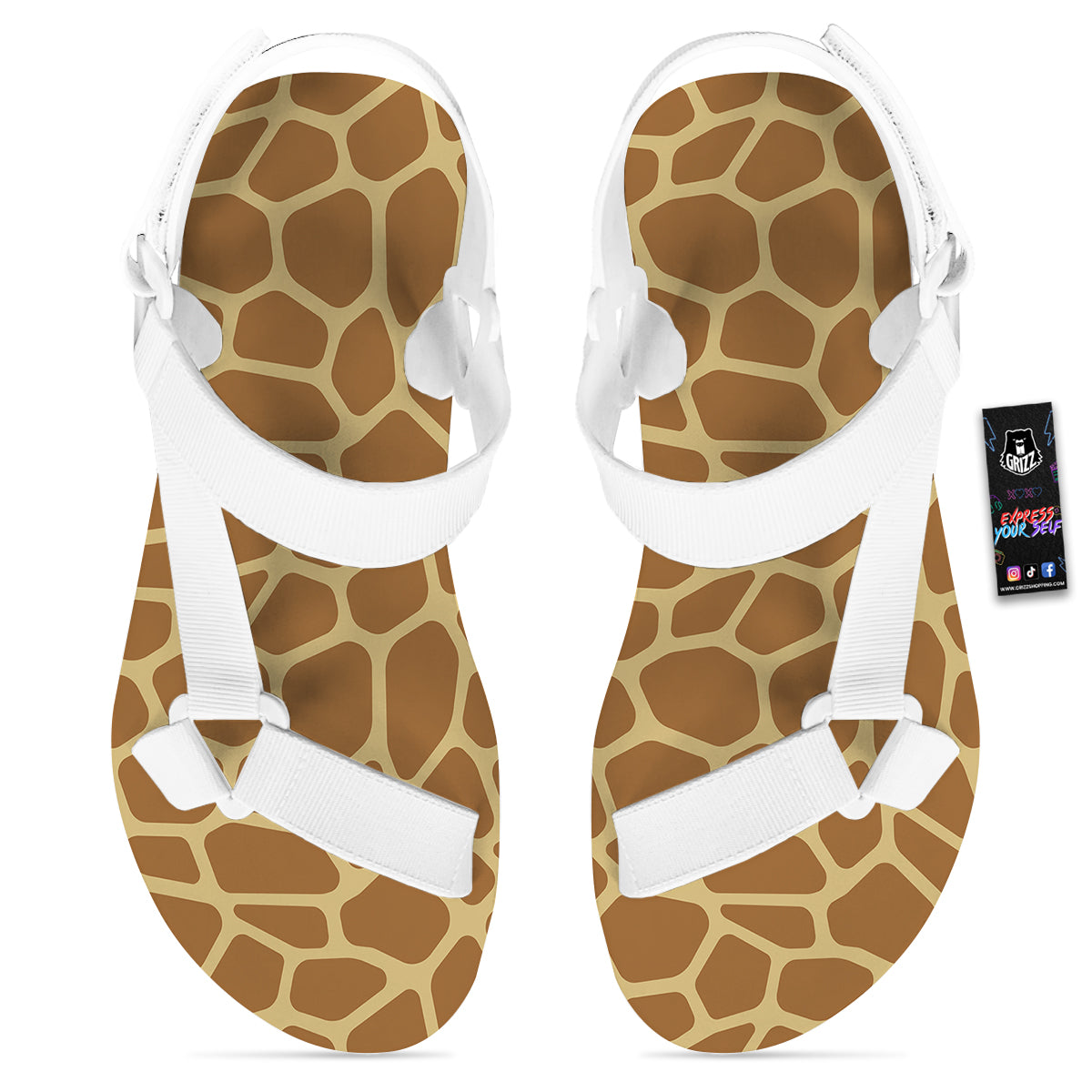 Giraffe Brown Yellow Print Pattern White Open Toe Sandals-grizzshop