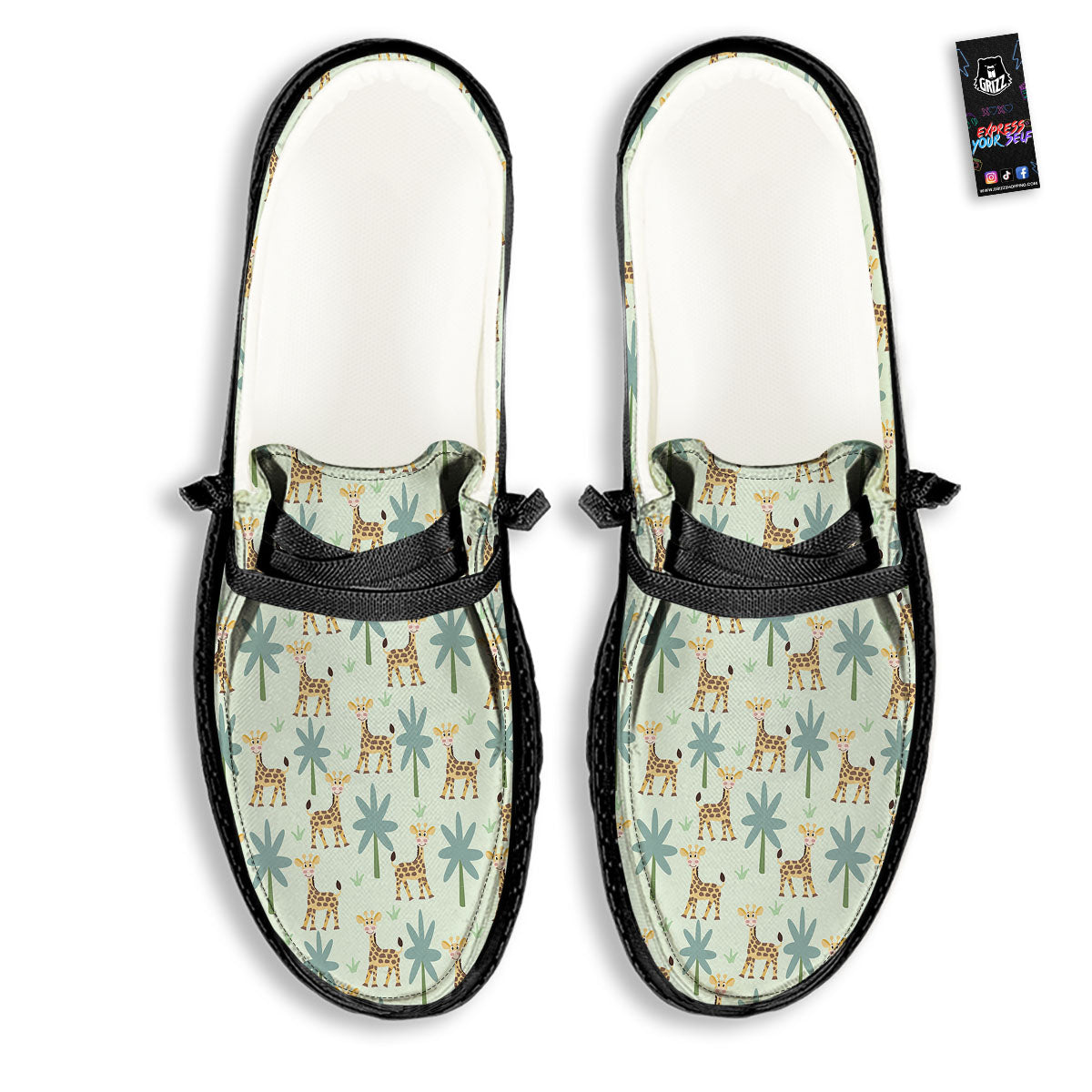 Giraffe Cartoon Print Pattern Black Loafers-grizzshop