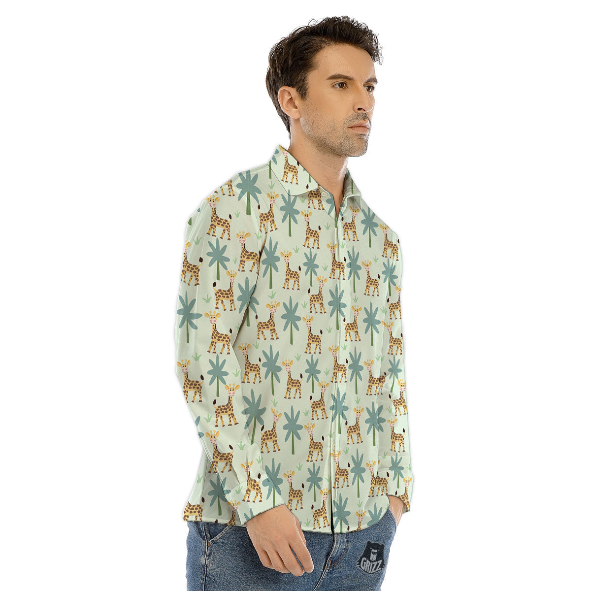Giraffe Cartoon Print Pattern Men's Dress Shirts-grizzshop