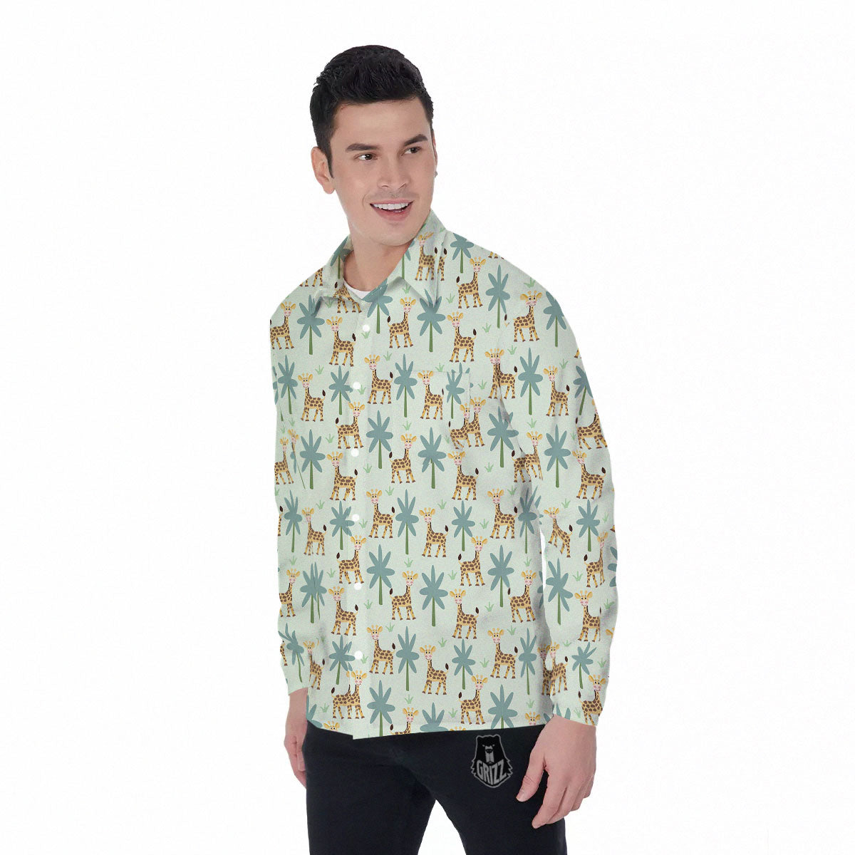 Giraffe Cartoon Print Pattern Men's Long Sleeve Shirts-grizzshop