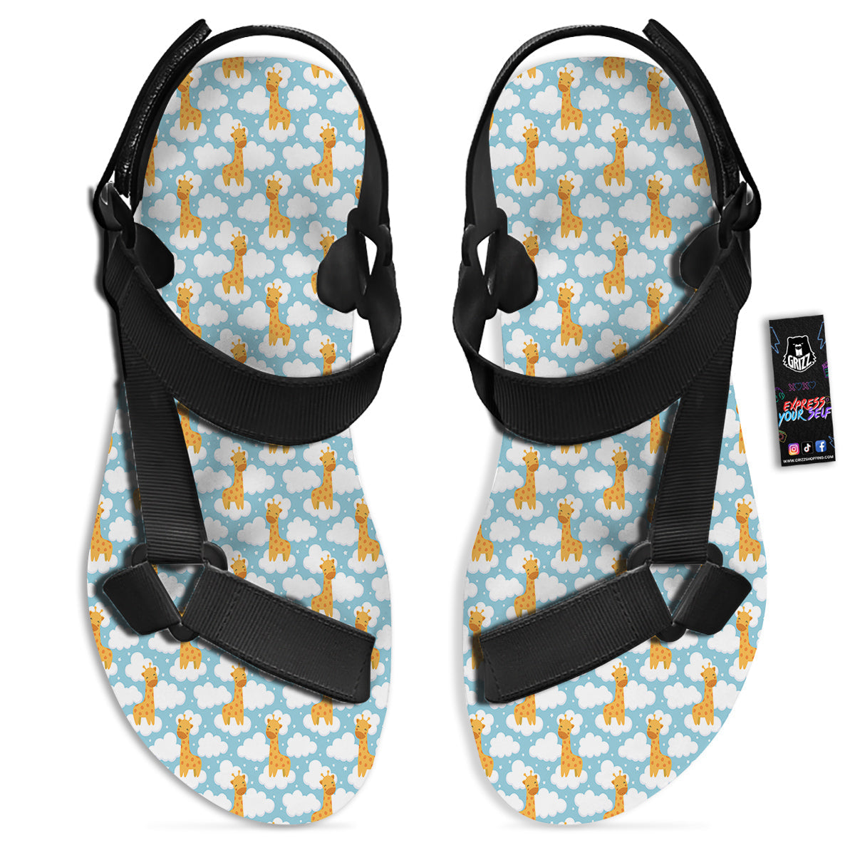 Giraffe Cute Cartoon Print Pattern Black Open Toe Sandals-grizzshop