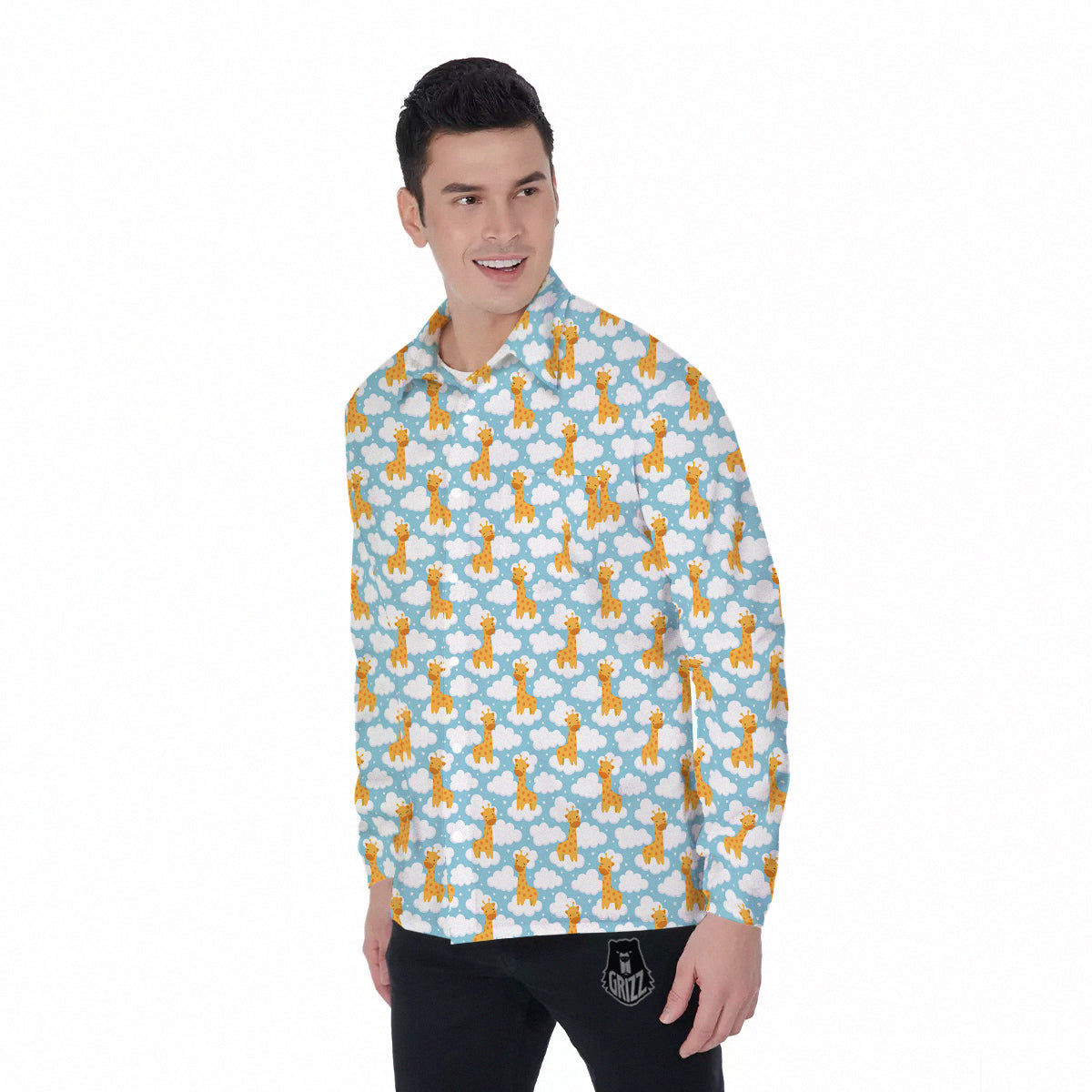 Giraffe Cute Cartoon Print Pattern Men's Long Sleeve Shirts-grizzshop