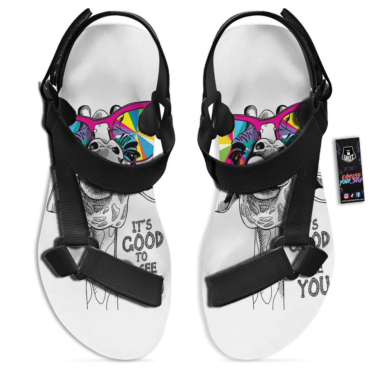 Giraffe Funny Print Black Open Toe Sandals-grizzshop