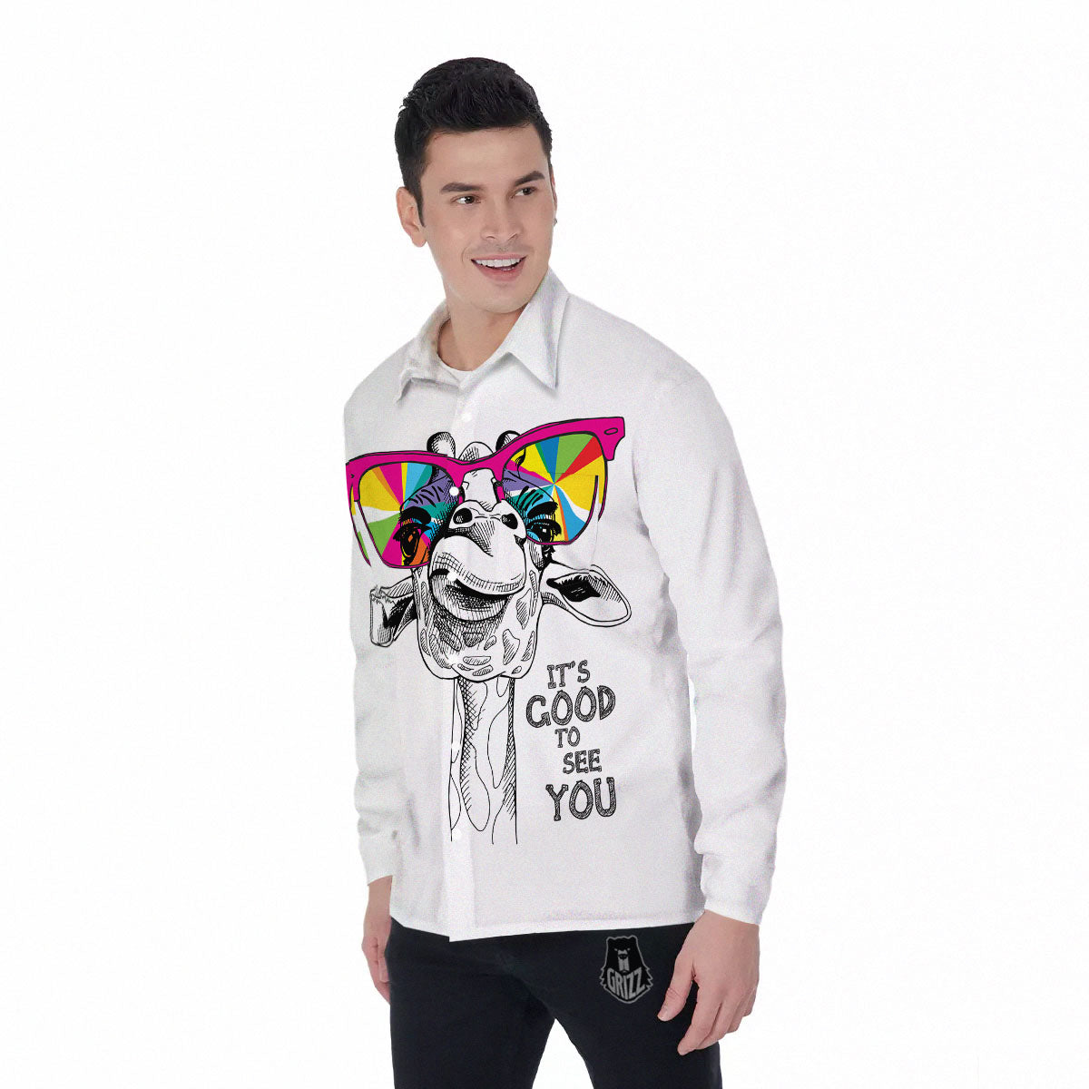 Giraffe Funny Print Men's Long Sleeve Shirts-grizzshop