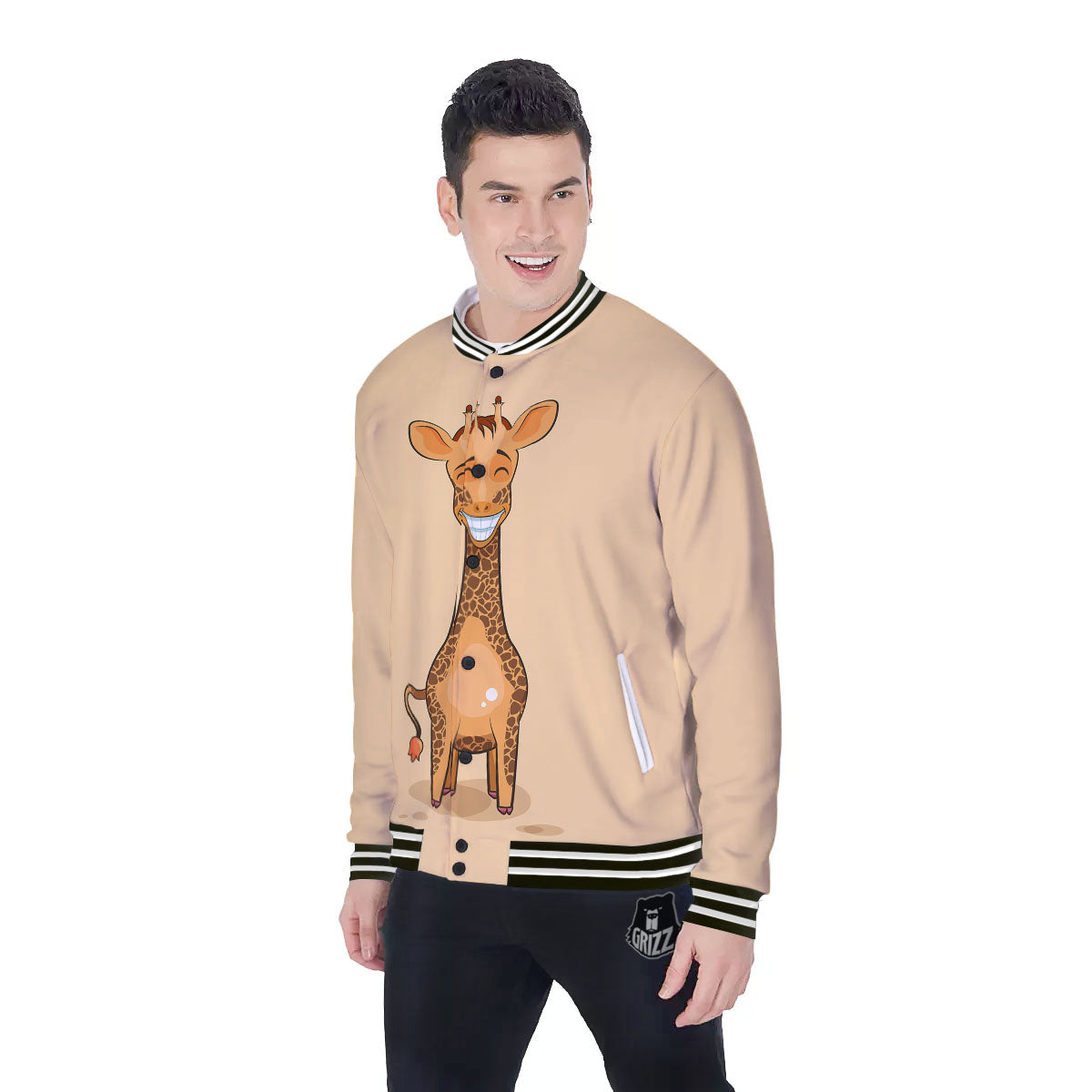 Giraffe Smiley Face Print Baseball Jacket-grizzshop