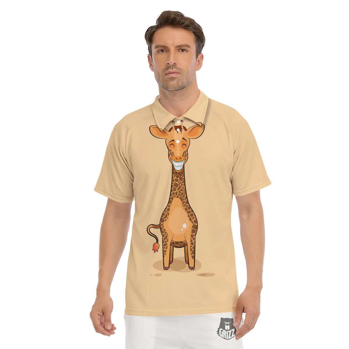 Giraffe Smiley Face Print Men's Golf Shirts-grizzshop