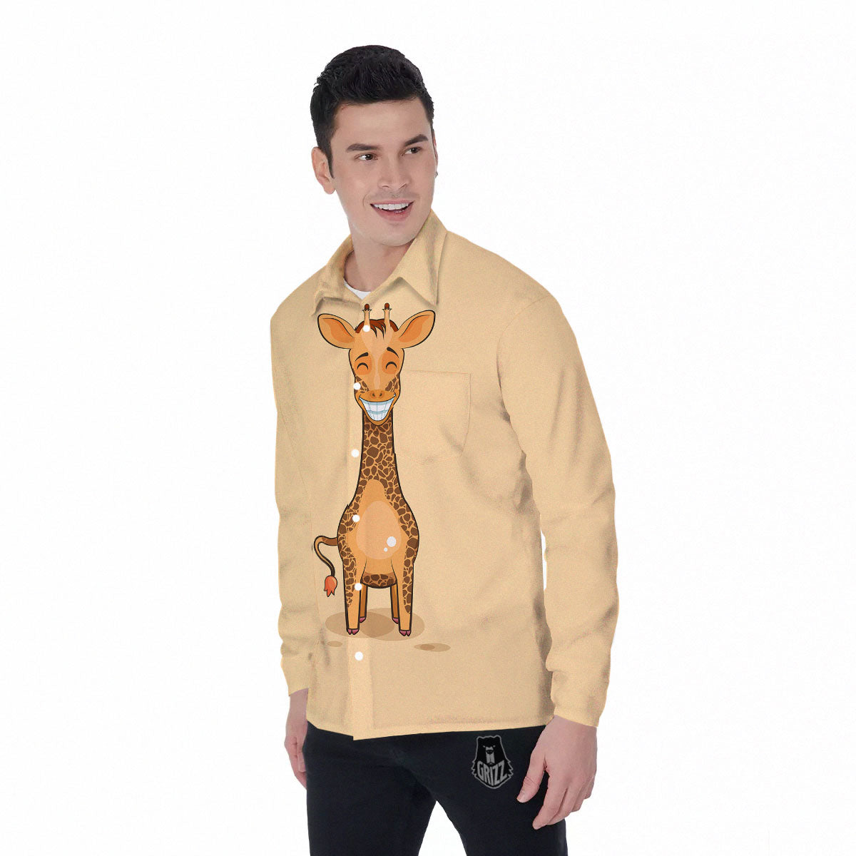 Giraffe Smiley Face Print Men's Long Sleeve Shirts-grizzshop