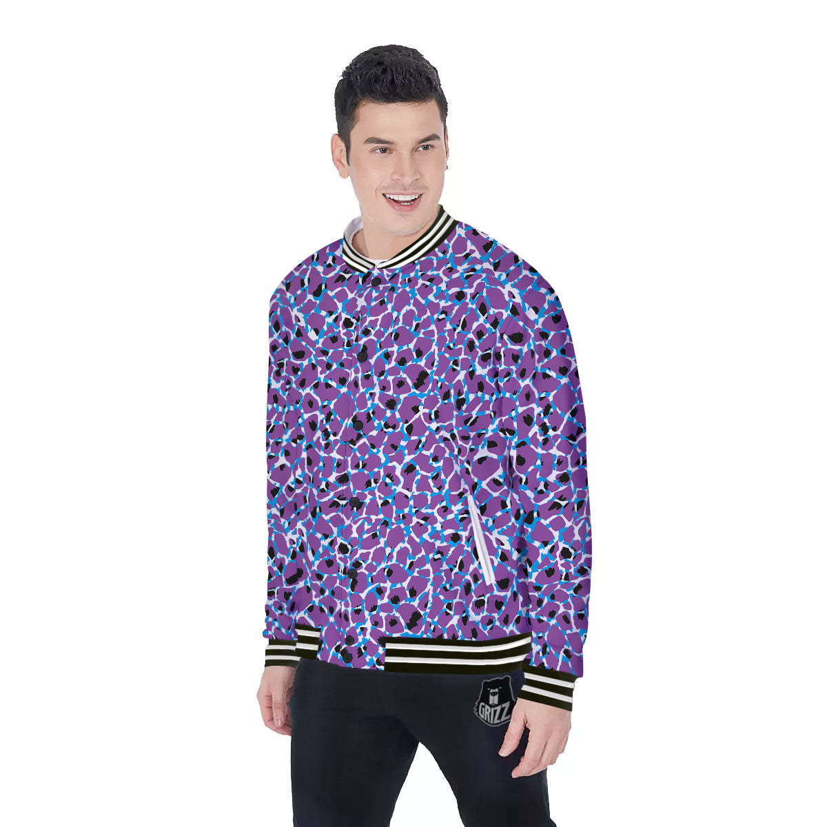 Giraffe Teal And Purple Print Pattern Baseball Jacket-grizzshop