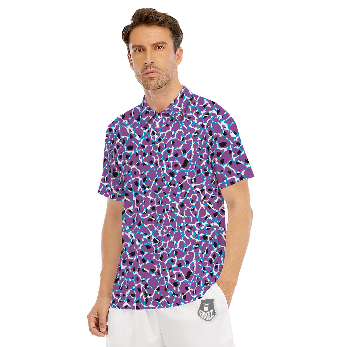 Giraffe Teal And Purple Print Pattern Men's Golf Shirts-grizzshop
