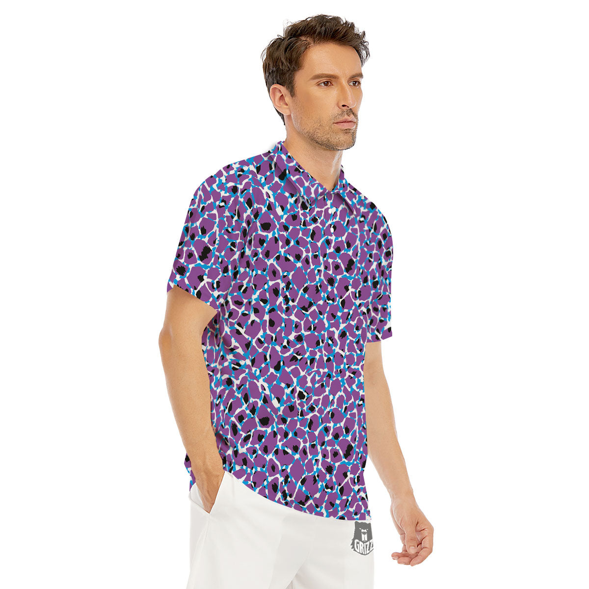 Giraffe Teal And Purple Print Pattern Men's Golf Shirts-grizzshop
