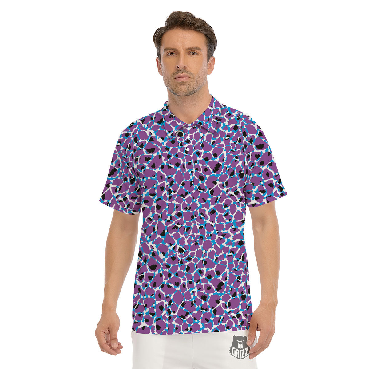Giraffe Teal And Purple Print Pattern Men's Golf Shirts-grizzshop