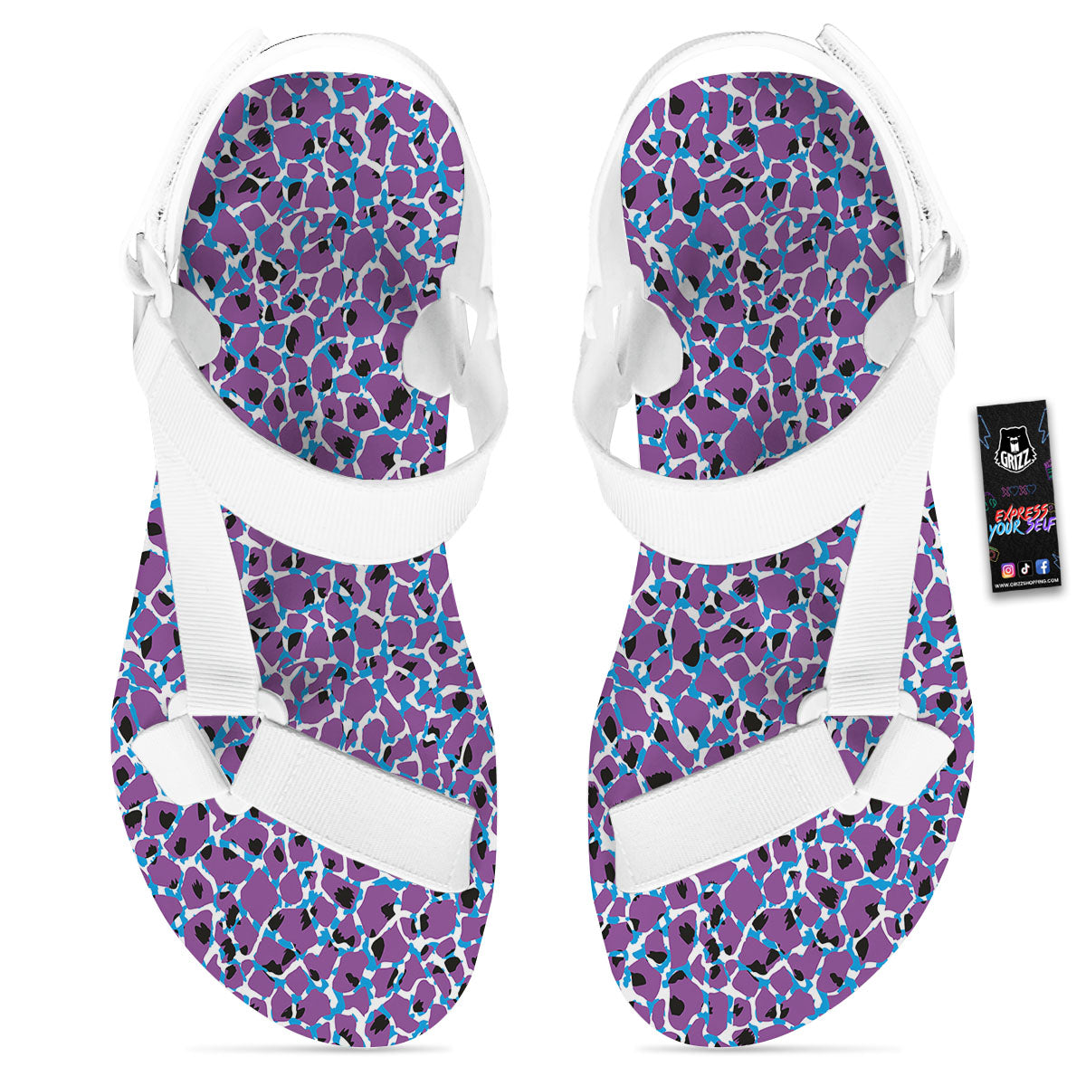 Giraffe Teal And Purple Print Pattern White Open Toe Sandals-grizzshop