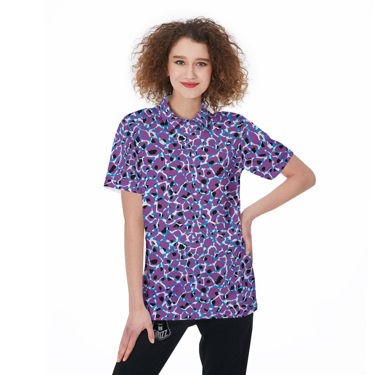 Giraffe Teal And Purple Print Pattern Women's Golf Shirts-grizzshop