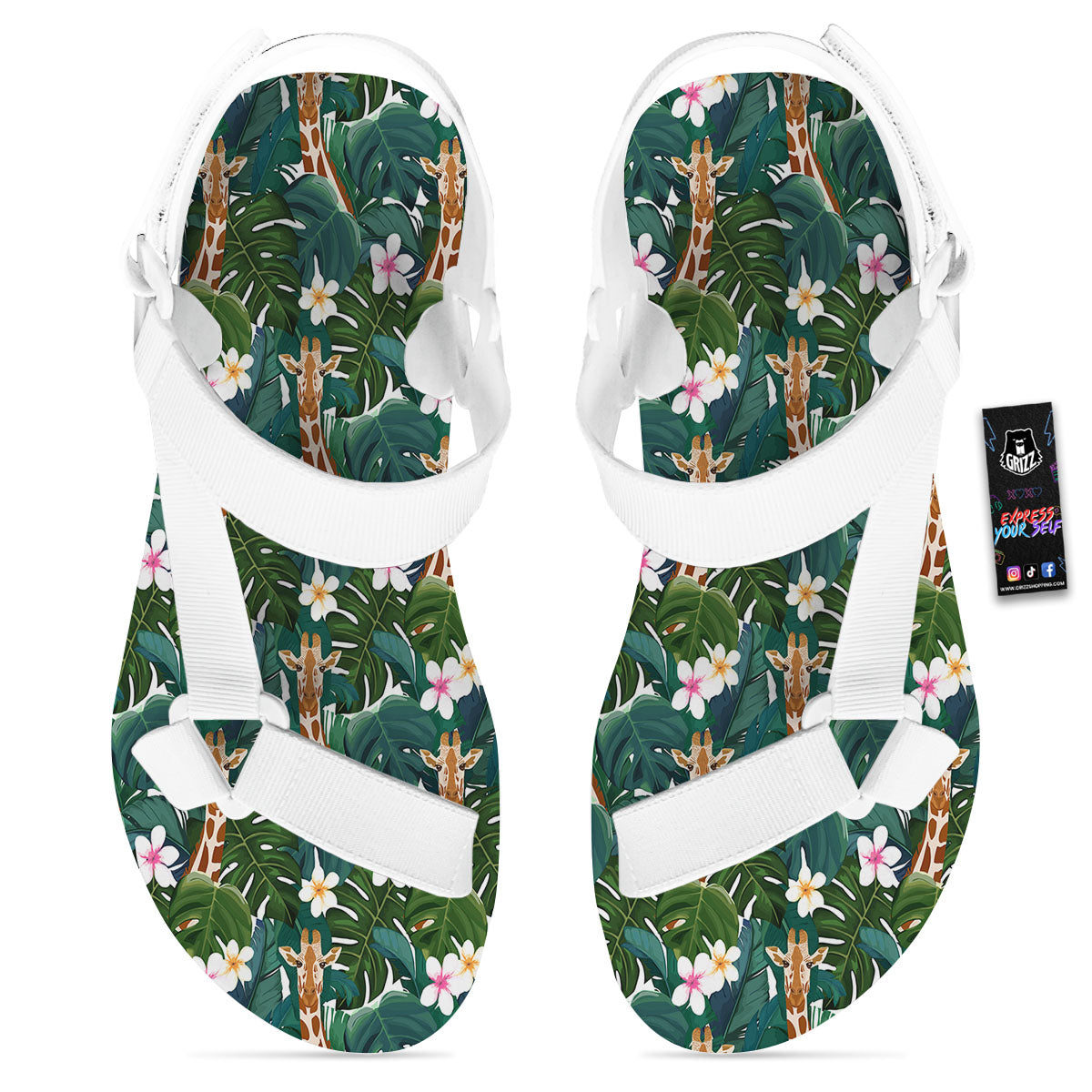 Giraffe Tropical Print Pattern White Open Toe Sandals-grizzshop