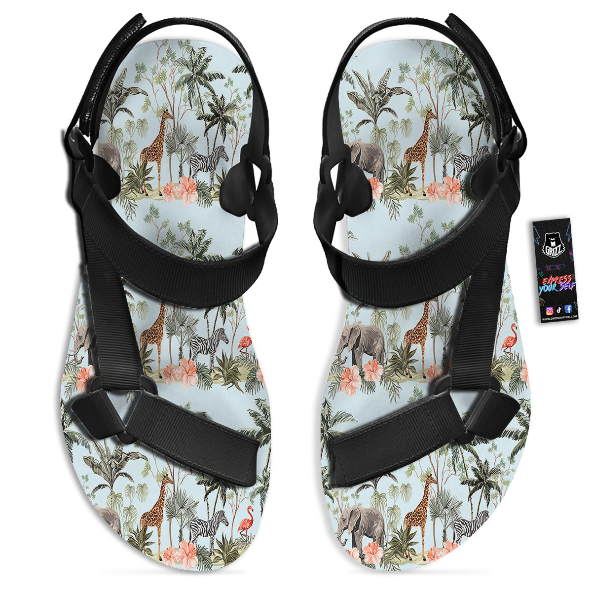 Giraffe Tropical Zebra Print Pattern Black Open Toe Sandals-grizzshop