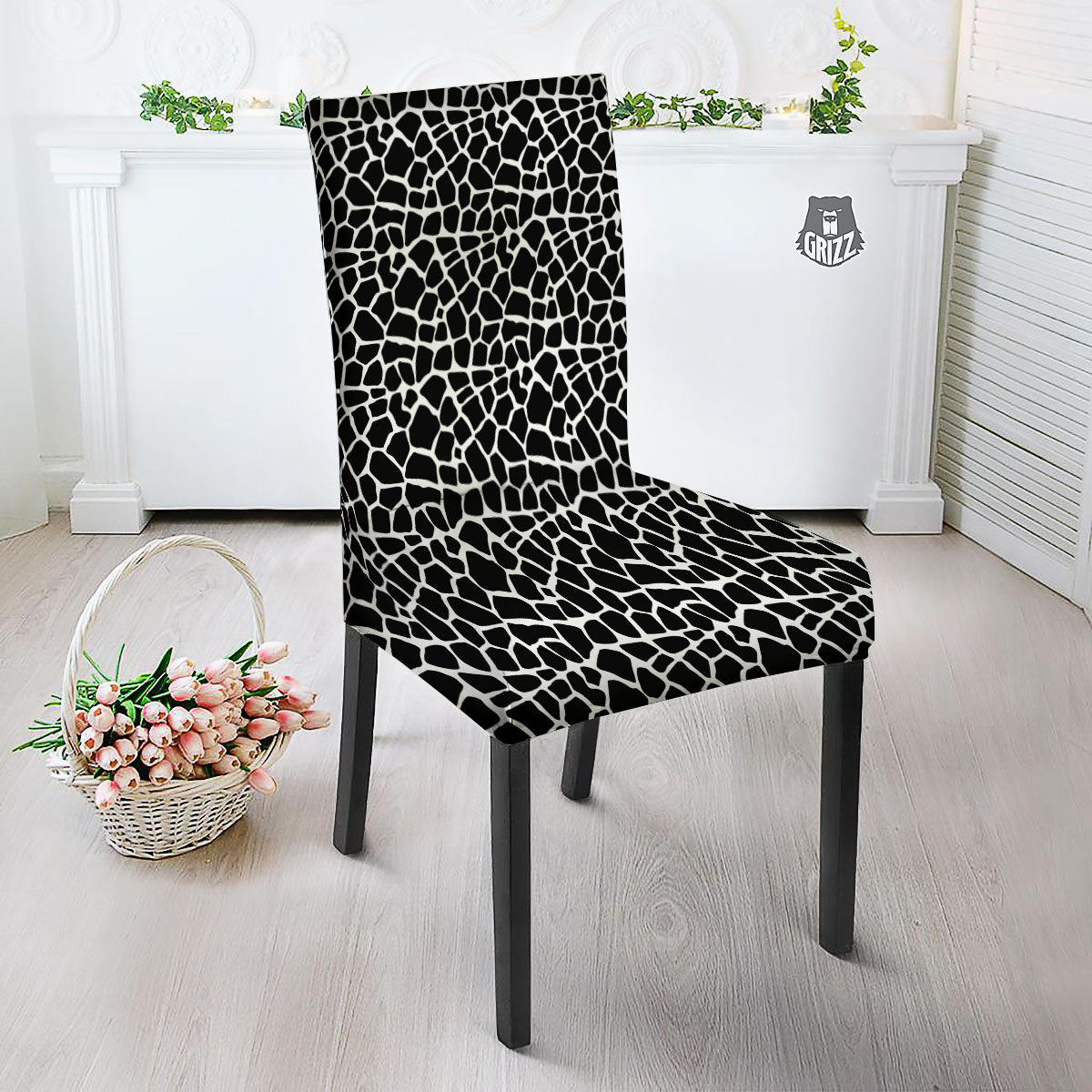 Giraffe White And Black Print Pattern Dining Chair Slipcover-grizzshop