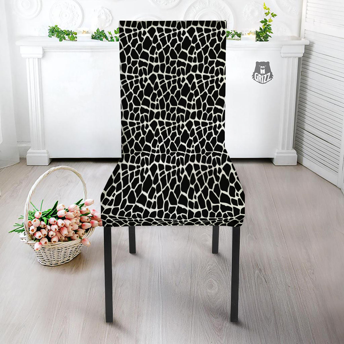 Giraffe White And Black Print Pattern Dining Chair Slipcover-grizzshop