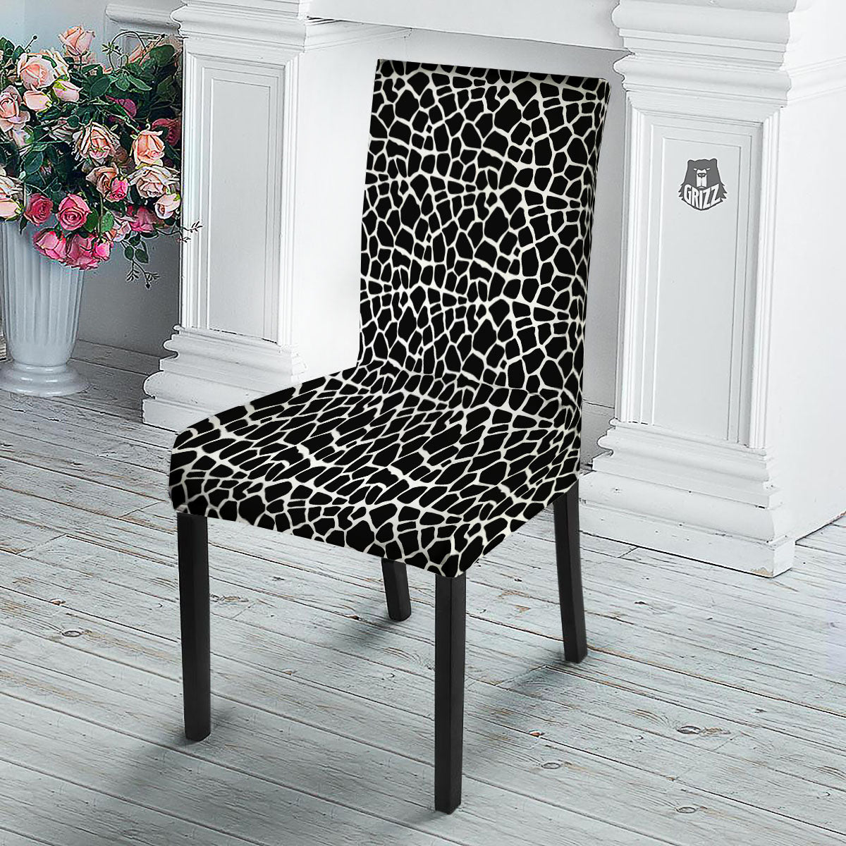 Giraffe White And Black Print Pattern Dining Chair Slipcover-grizzshop
