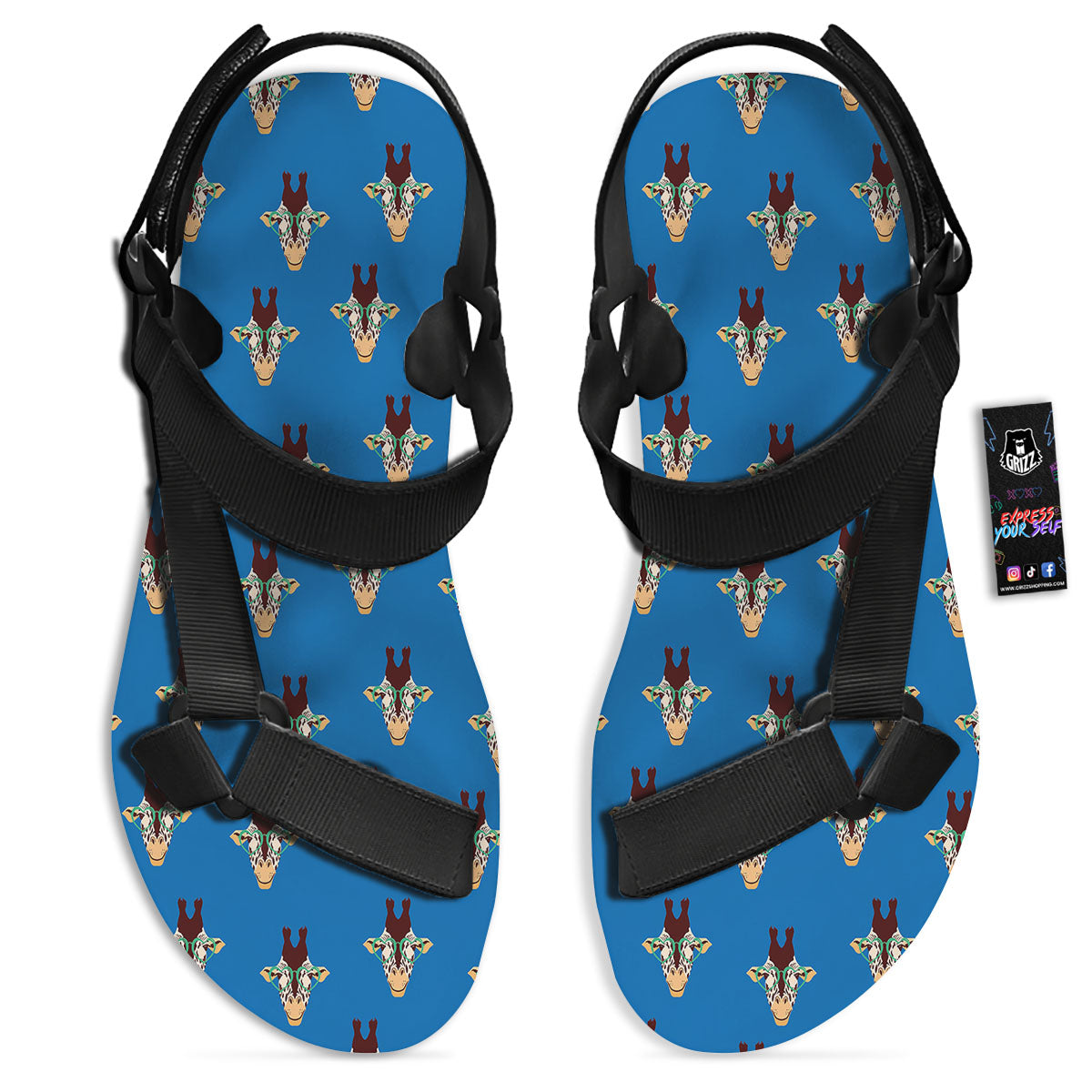 Giraffe With Glasses Print Pattern Black Open Toe Sandals-grizzshop