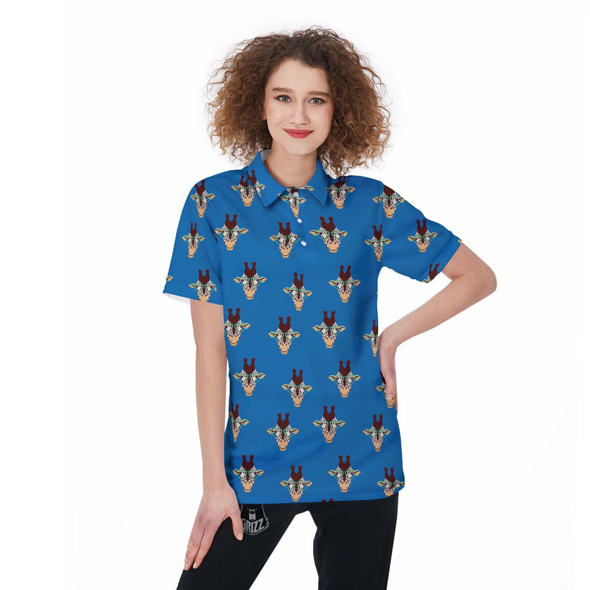 Giraffe With Glasses Print Pattern Women's Golf Shirts-grizzshop