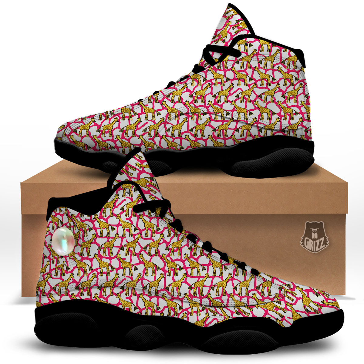 Giraffe Yellow And Pink Print Pattern Black Basketball Shoes-grizzshop
