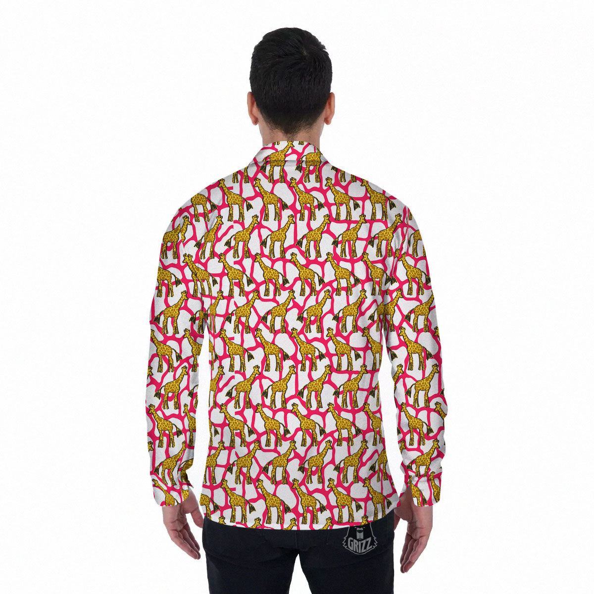 Giraffe Yellow And Pink Print Pattern Men's Long Sleeve Shirts-grizzshop