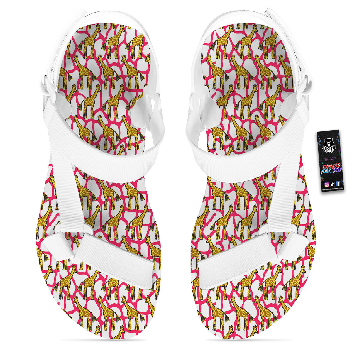 Giraffe Yellow And Pink Print Pattern White Open Toe Sandals-grizzshop