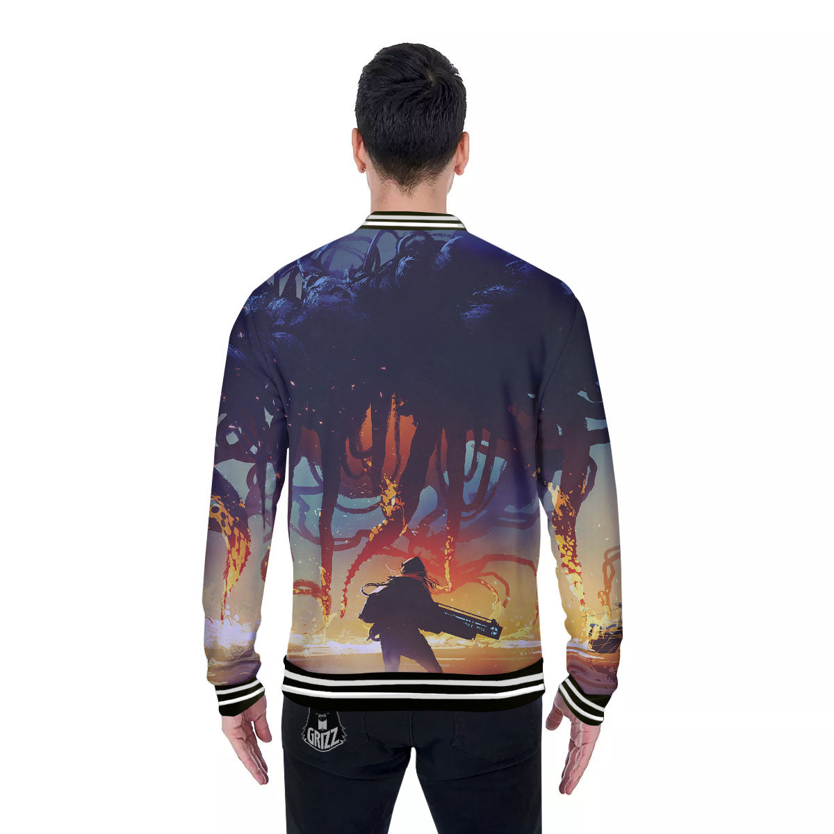 Girl Fight With Alien Octopus Monster Print Baseball Jacket-grizzshop