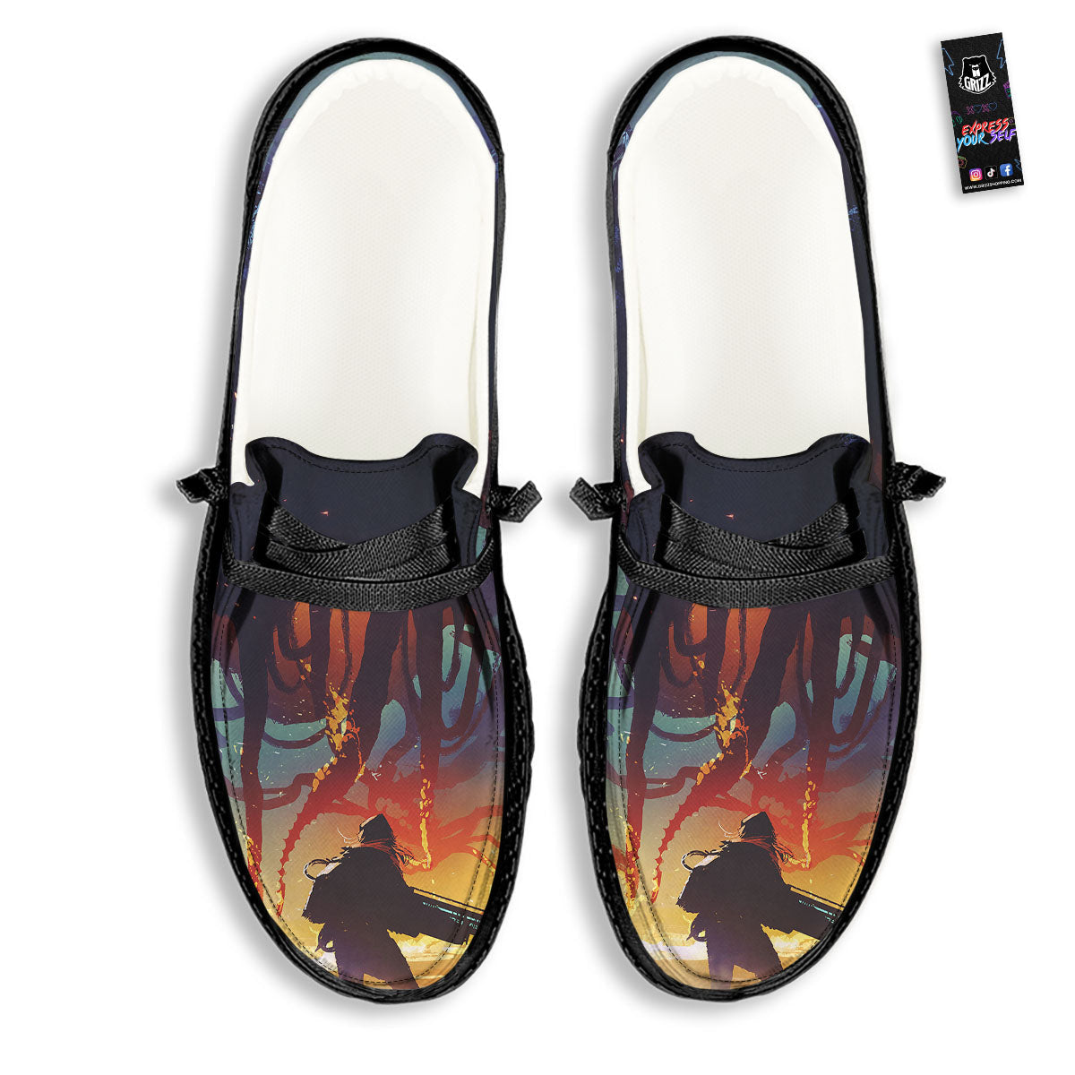 Girl Fight With Alien Octopus Monster Print Black Loafers-grizzshop