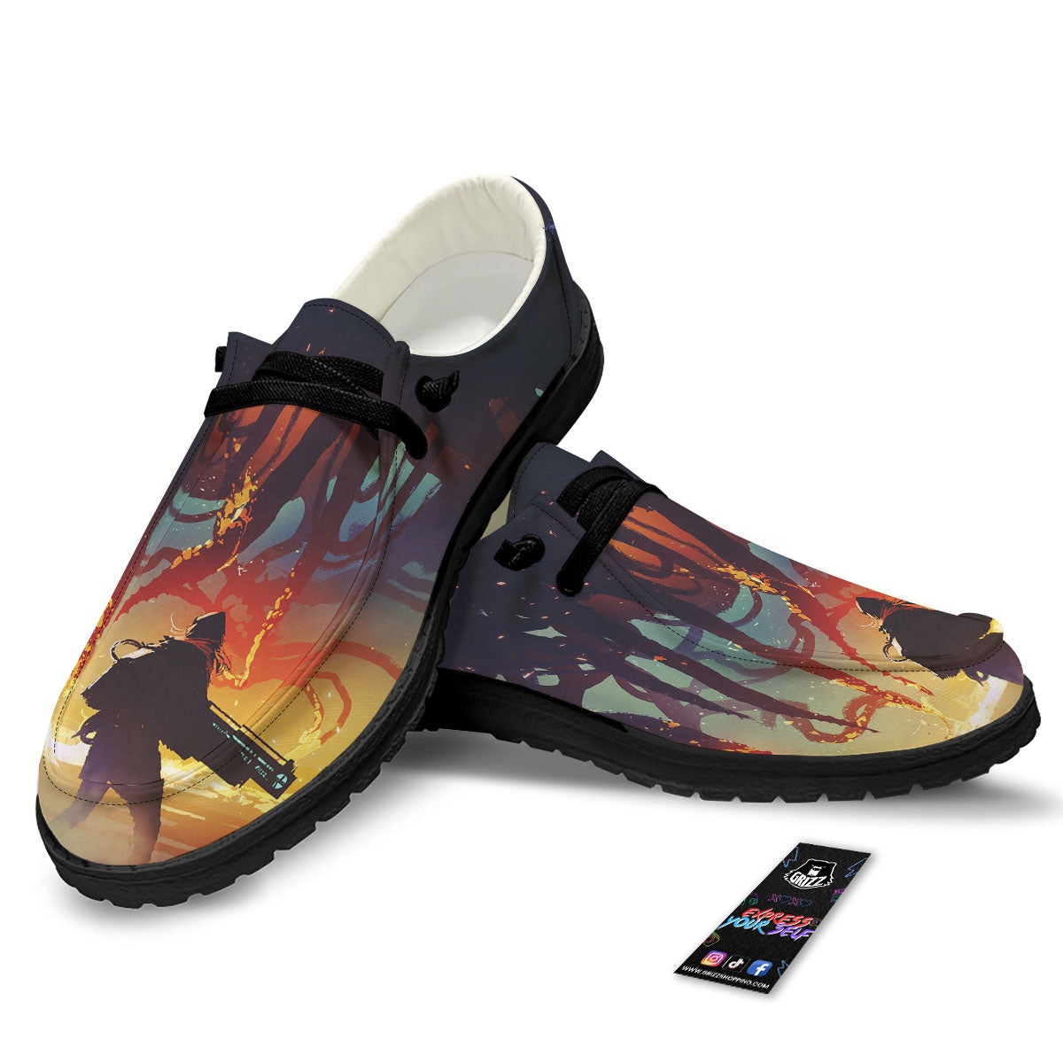 Girl Fight With Alien Octopus Monster Print Black Loafers-grizzshop
