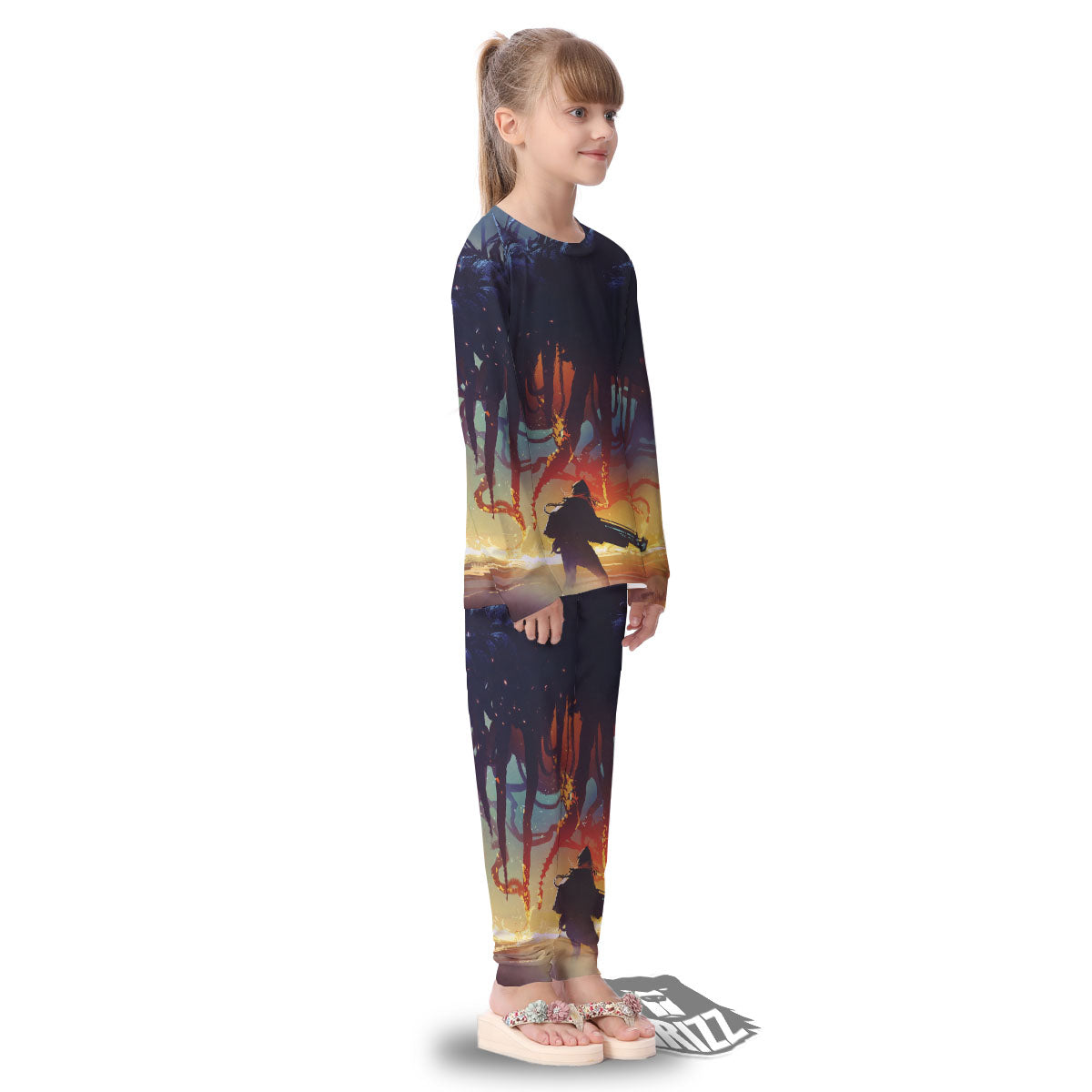 Girl Fight With Alien Octopus Monster Print Kid's Pajamas-grizzshop