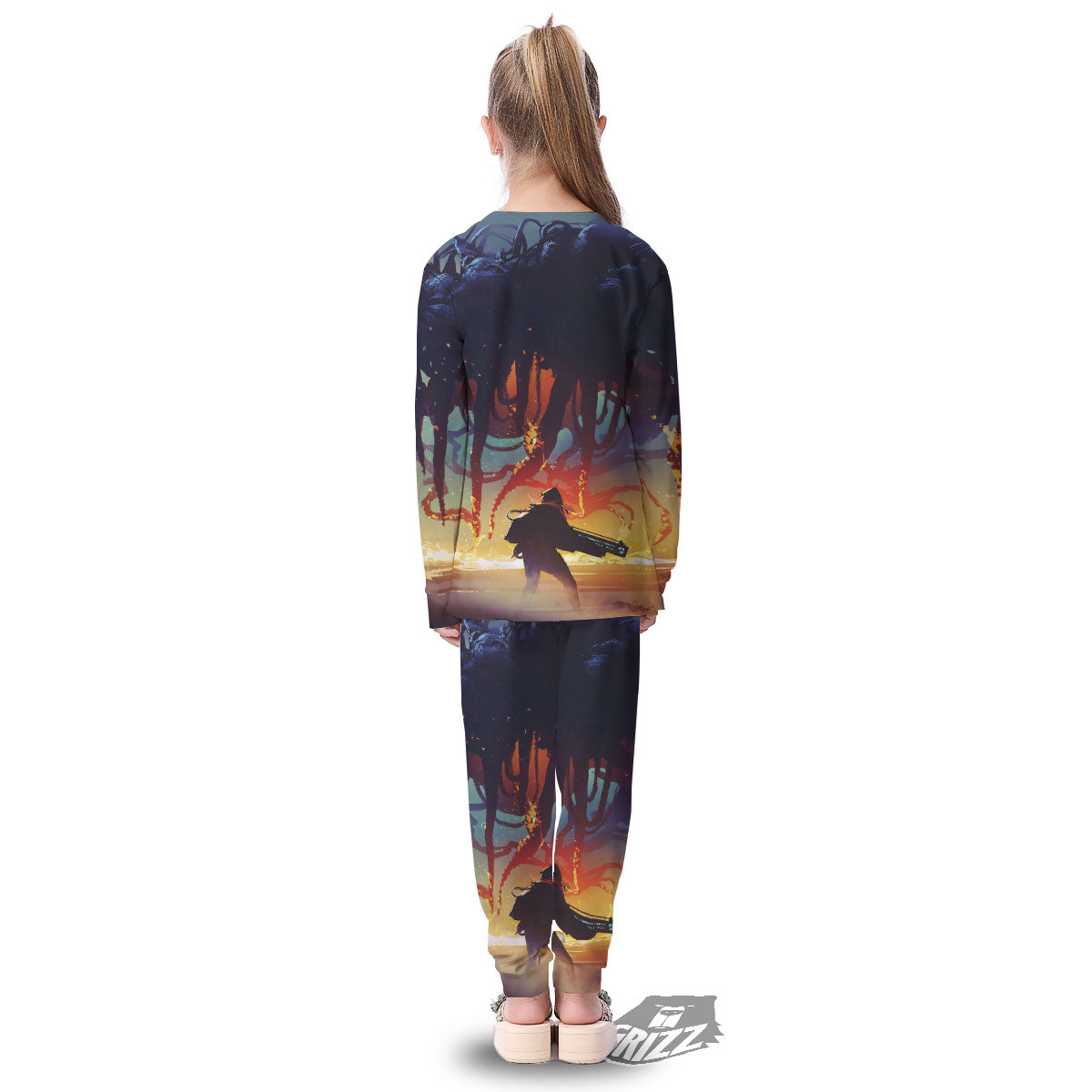 Girl Fight With Alien Octopus Monster Print Kid's Pajamas-grizzshop
