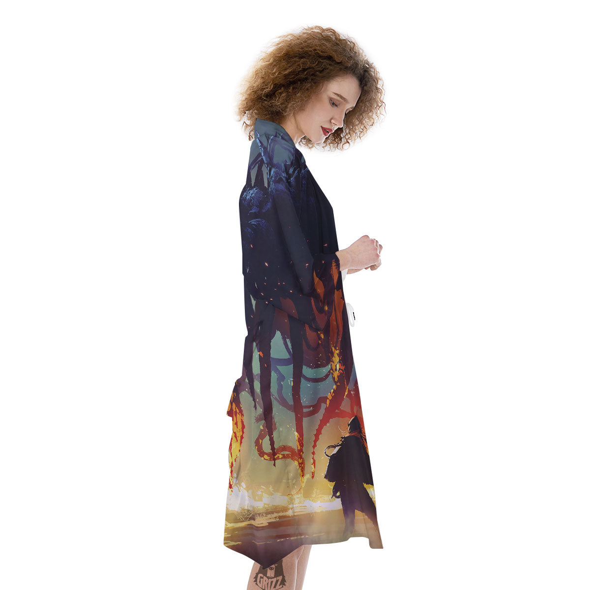 Girl Fight With Alien Octopus Monster Print Kimono-grizzshop