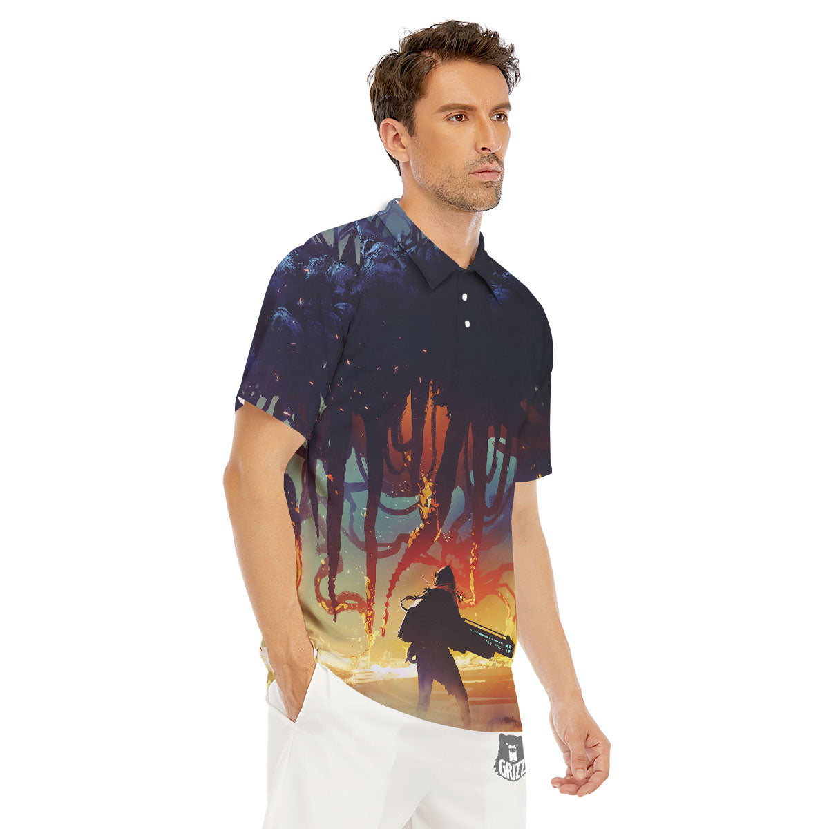 Girl Fight With Alien Octopus Monster Print Men's Golf Shirts-grizzshop