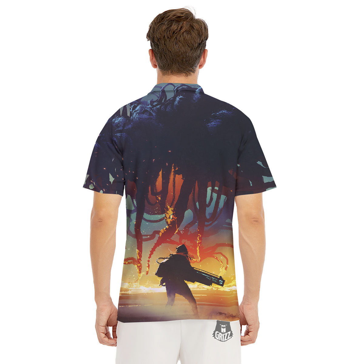 Girl Fight With Alien Octopus Monster Print Men's Golf Shirts-grizzshop