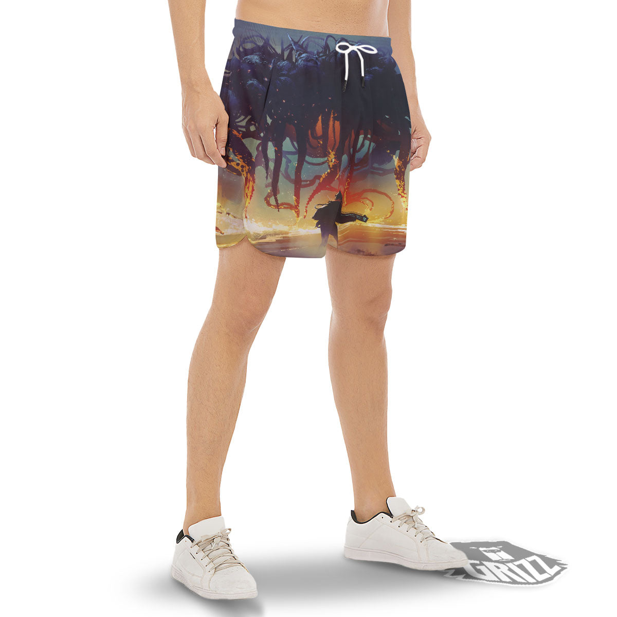 Girl Fight With Alien Octopus Monster Print Men's Gym Shorts-grizzshop