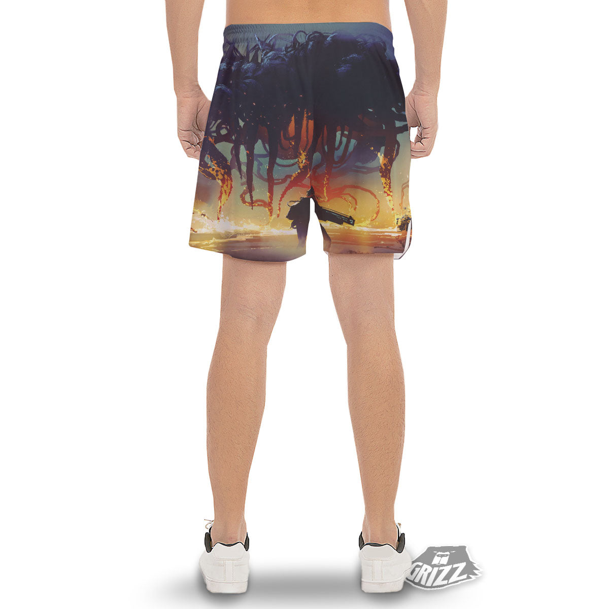 Girl Fight With Alien Octopus Monster Print Men's Gym Shorts-grizzshop