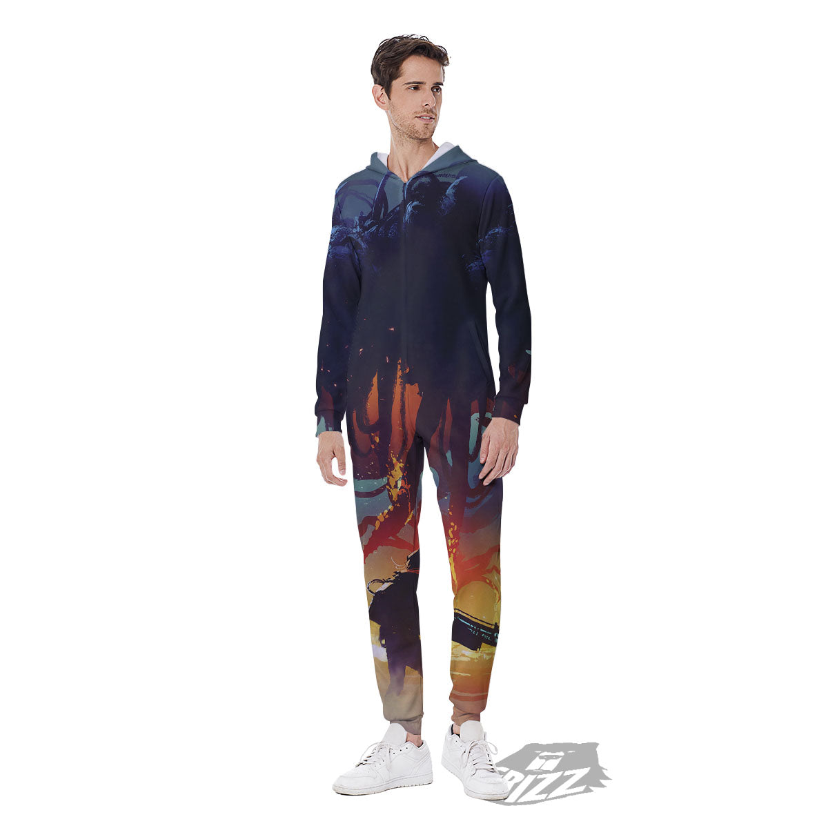 Girl Fight With Alien Octopus Monster Print Men's Jumpsuit-grizzshop