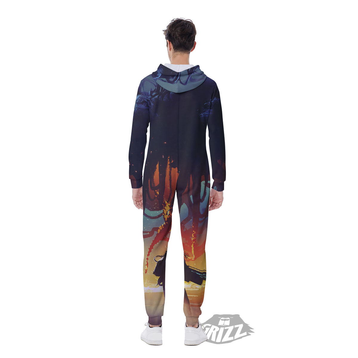 Girl Fight With Alien Octopus Monster Print Men's Jumpsuit-grizzshop