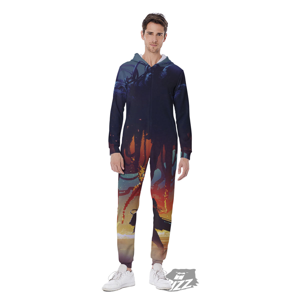 Girl Fight With Alien Octopus Monster Print Men's Jumpsuit-grizzshop
