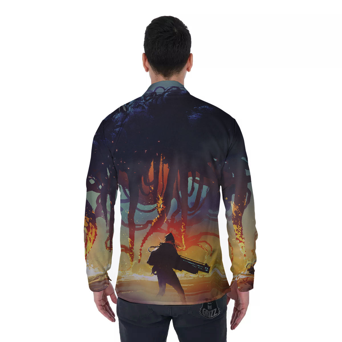Girl Fight With Alien Octopus Monster Print Men's Long Sleeve Shirts-grizzshop