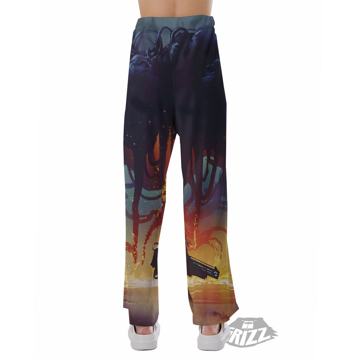 Girl Fight With Alien Octopus Monster Print Pajama Pants-grizzshop