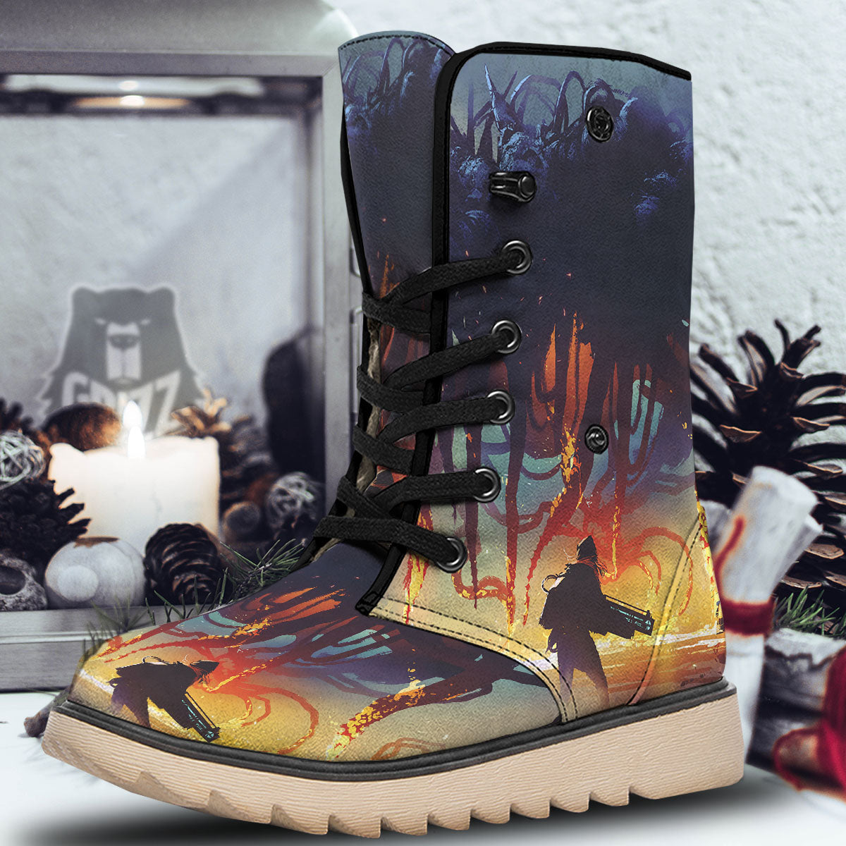 Girl Fight With Alien Octopus Monster Print Snow Boots-grizzshop
