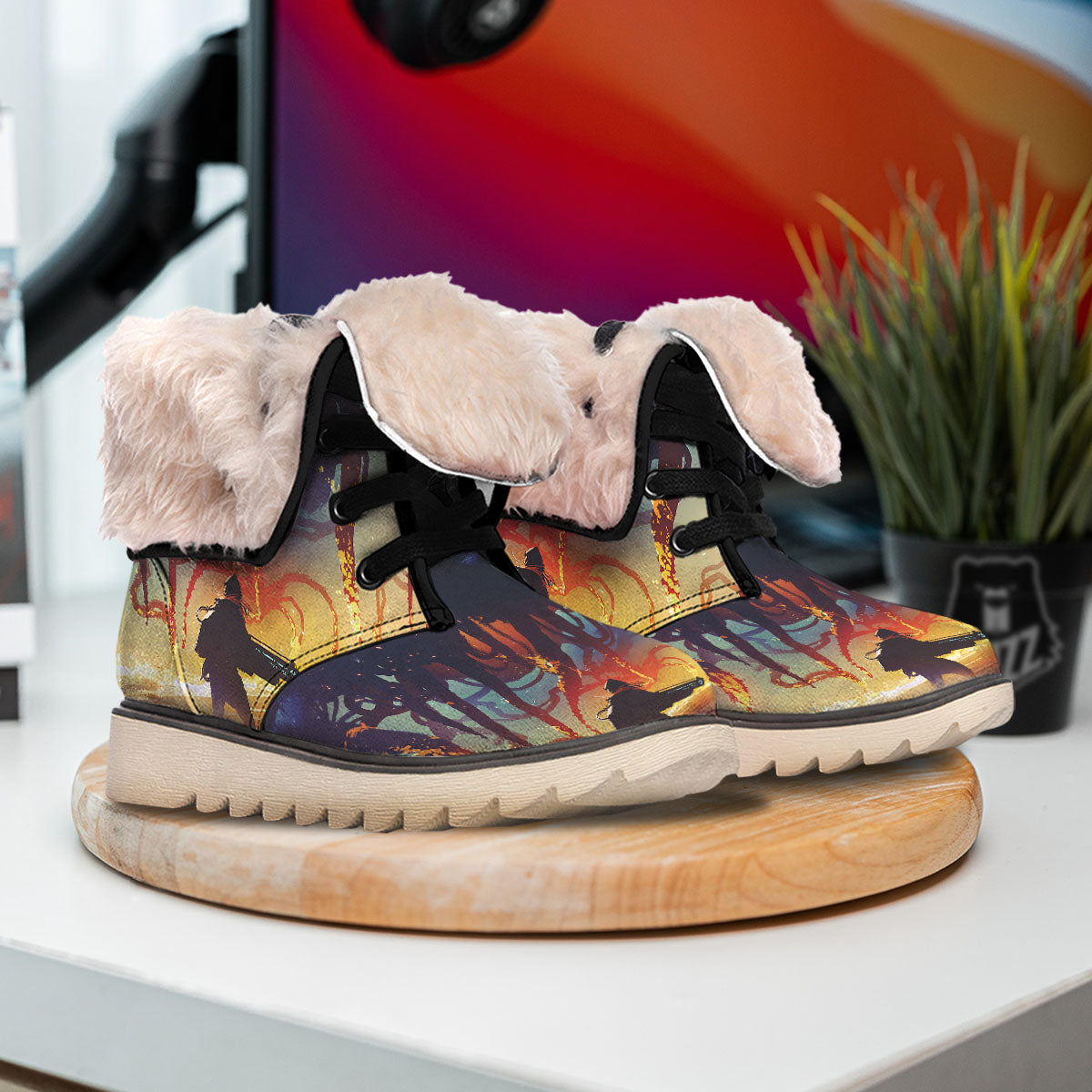 Girl Fight With Alien Octopus Monster Print Snow Boots-grizzshop