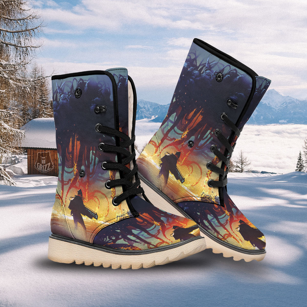Girl Fight With Alien Octopus Monster Print Snow Boots-grizzshop