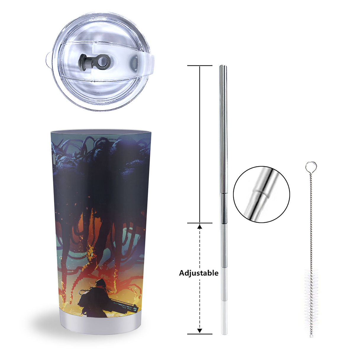 Girl Fight With Alien Octopus Monster Print Tumbler-grizzshop