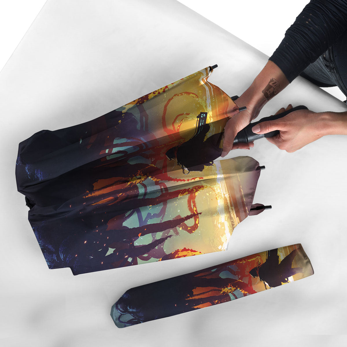 Girl Fight With Alien Octopus Monster Print Umbrella-grizzshop