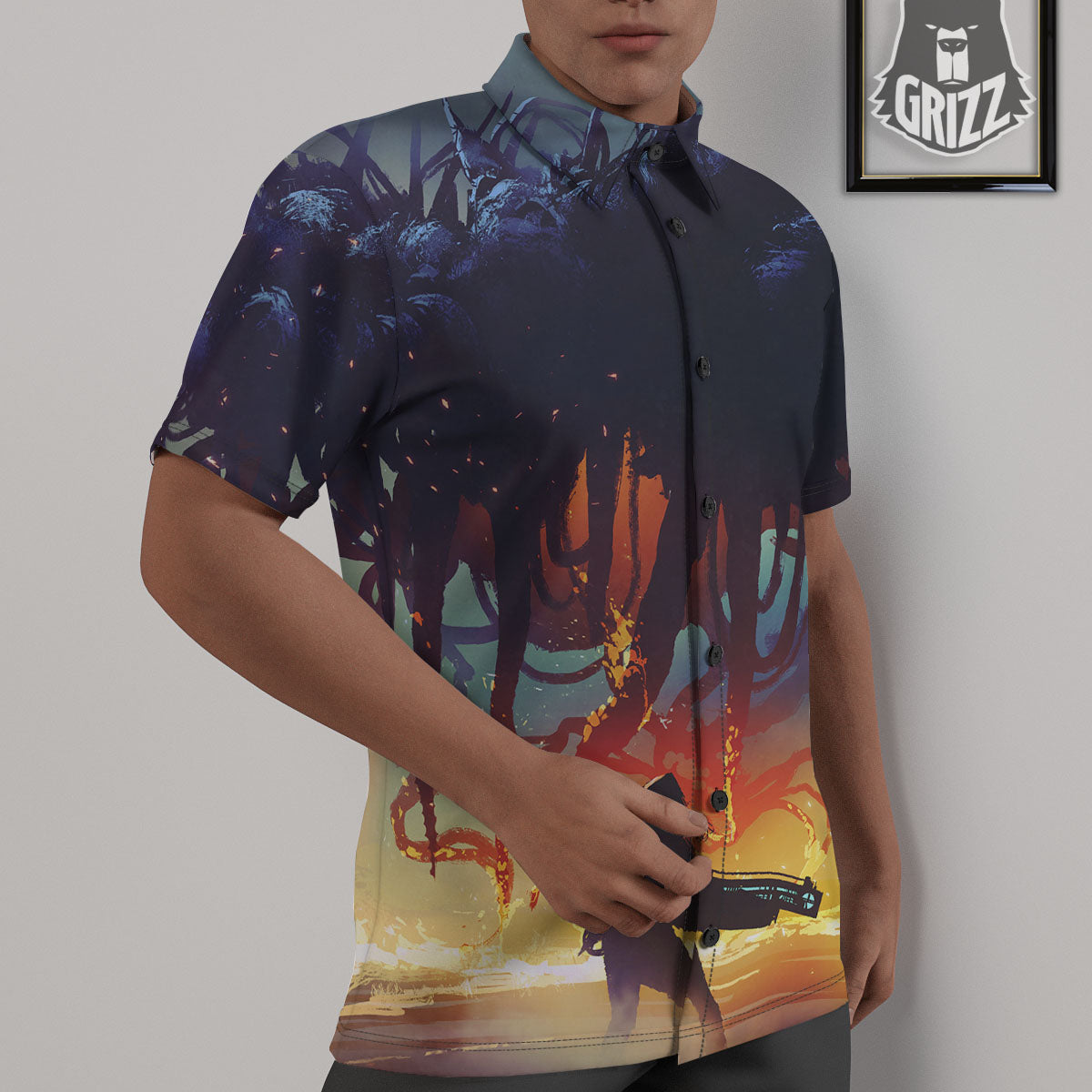 Girl Fight With Alien Octopus Monster Print Untucked Shirts-grizzshop